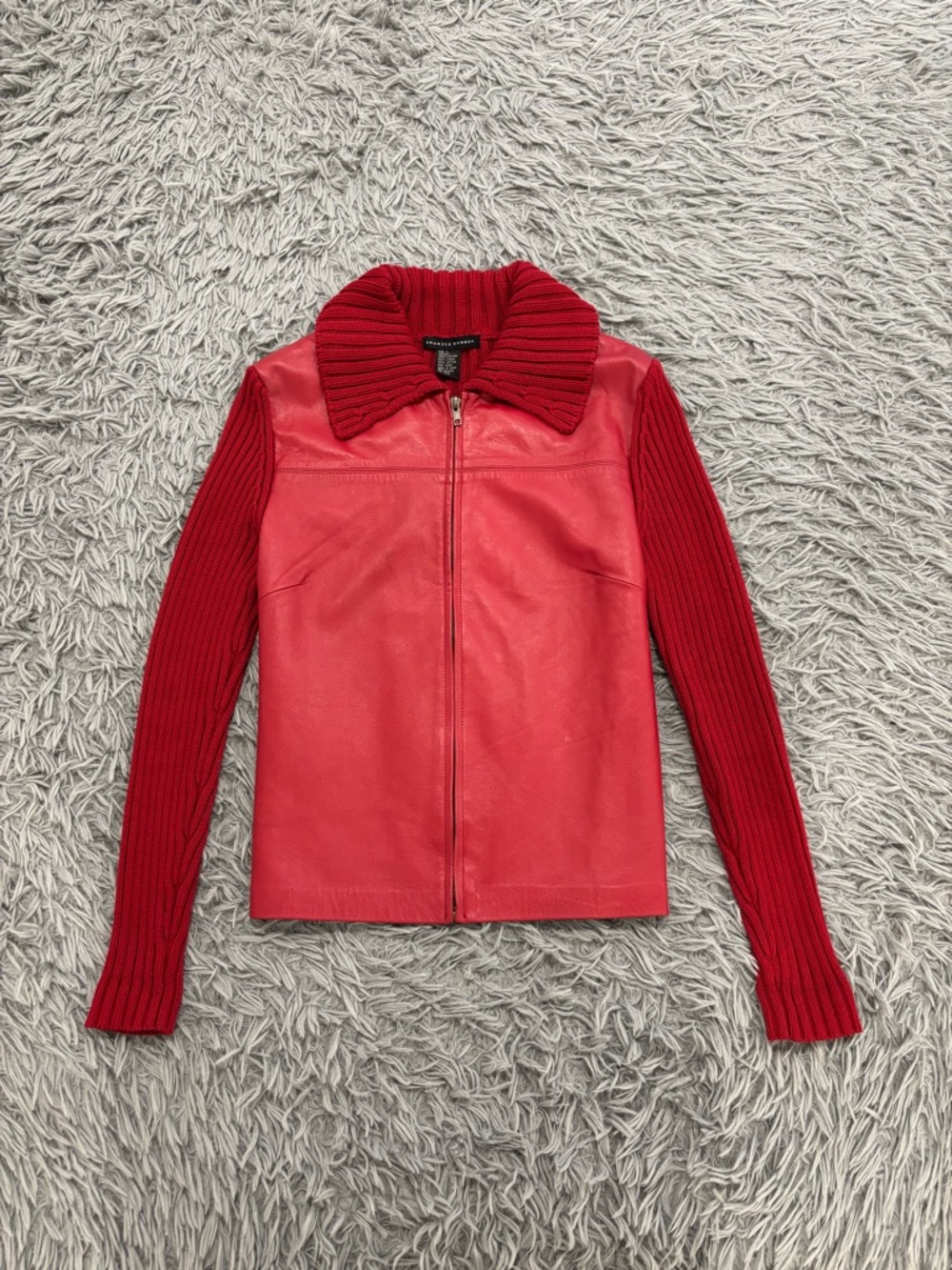 Vintage Maurice Sasson Women’s Red Leather Ribbed Knit Full Zip Jacket Small Y2K